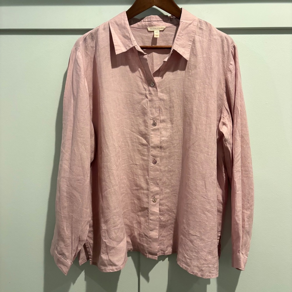 Eileen Fisher Linen Shirt Large Pink Lilac Organic Linen Long Sleeve Button Up - Picture 2 of 12